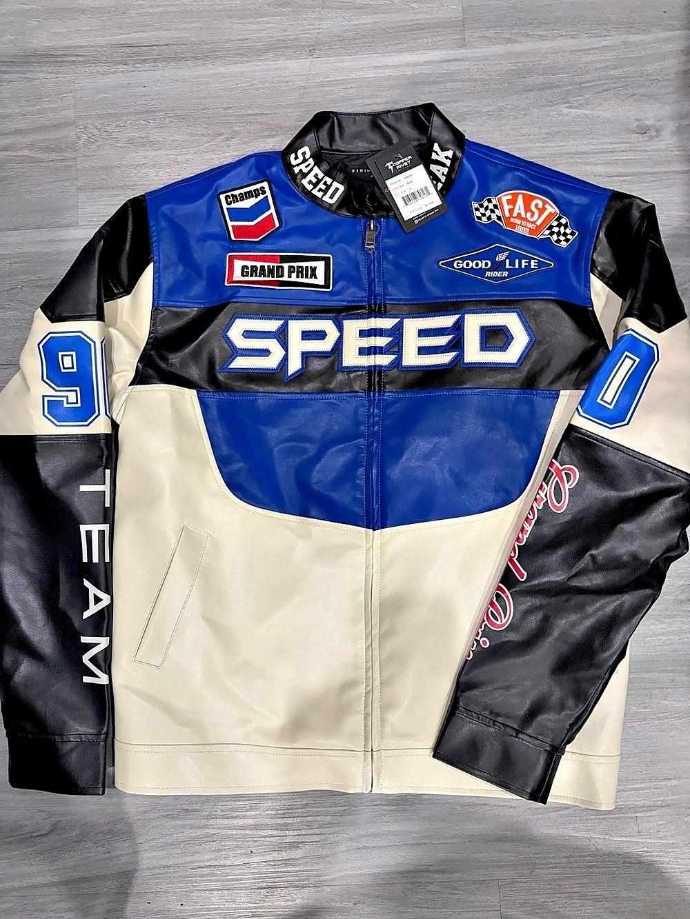 Copper Rivet Speed Racing Faux Leather Jacket Blue & Black Large